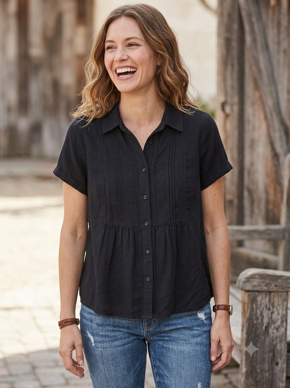 Lucky Brand Black Short-Sleeve Button Front Flowy Blouse, size Small